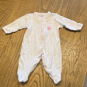 Infant White Footed One-Piece with Pink Trim and Embroidered Pram Pima Cotton